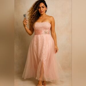 Blush Strapless Dress. Ruched Waist. Beading Detail. Size 12